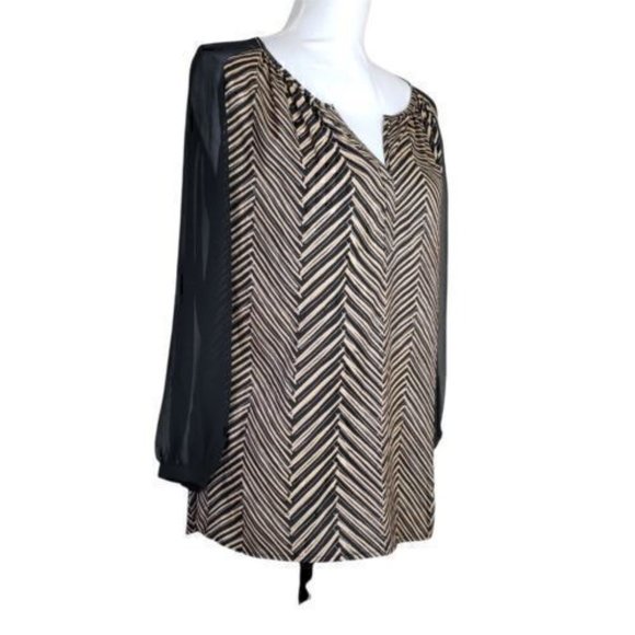 Ann Taylor Black Light Brown Long Sheer Sleeve Blouse Chevron Pattern Sz Medium - Picture 2 of 5